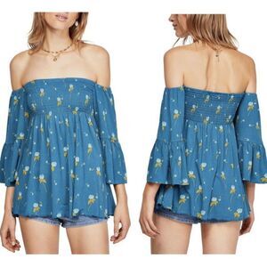 Free People Lana Blue Floral Off Shoulder Smocked Tunic XS